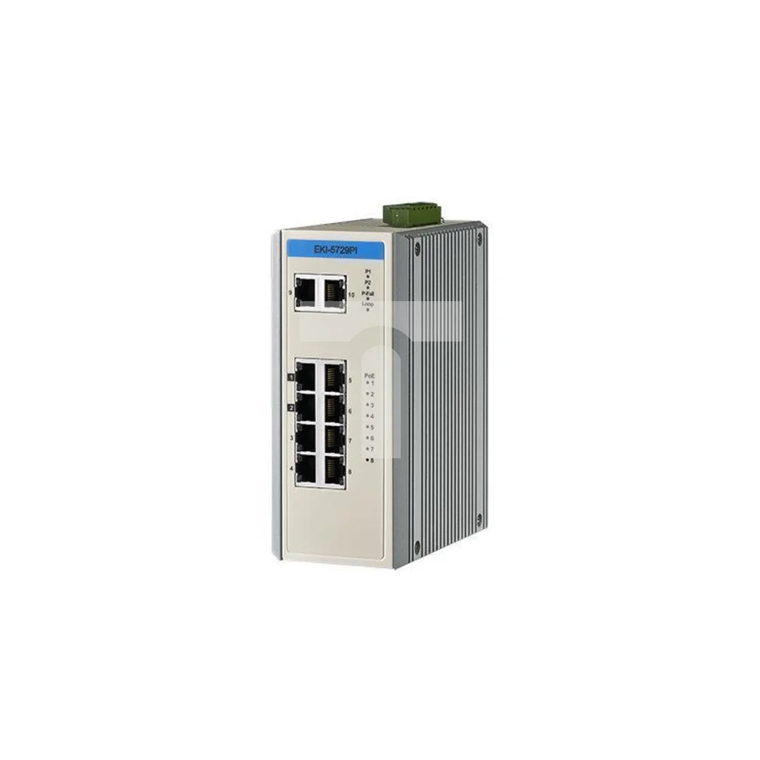 Niezarządzalny przełącznik sieciowy z 8x PoE RJ-45, 2x GE, EMS lvl. 3, E-mark, szerokim zakresem temperaturowym EKI-5729PI-AE