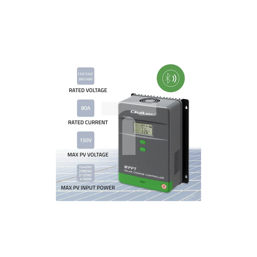Qoltec Solarny regulator ładowania MPPT z czujnikiem temperatury 80A 12V / 24V / 36V / 48V LCD Bluetooth APP GEL LiFePO4