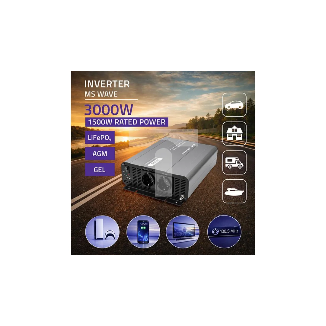 52683 Qoltec Przetwornica napięcia MS Wave 12V na 230V 1500/3000W USB Kompatybilna z LiFePO4 GEL AGM