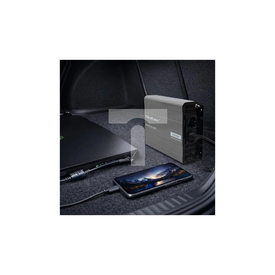 52683 Qoltec Przetwornica napięcia MS Wave 12V na 230V 1500/3000W USB Kompatybilna z LiFePO4 GEL AGM