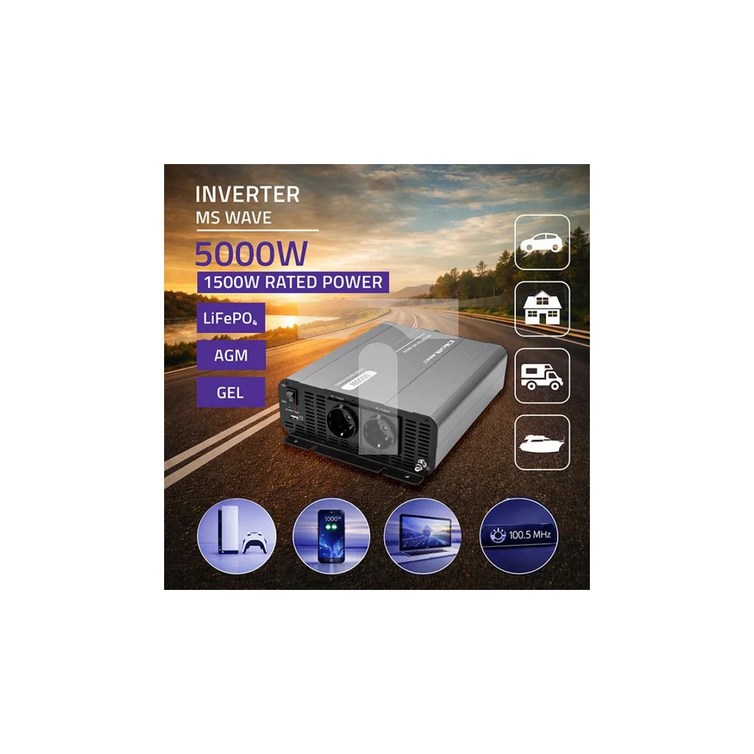 52685 Qoltec Przetwornica napięcia MS Wave 12V na 230V 2500/5000W USB Kompatybilna z LiFePO4 GEL AGM