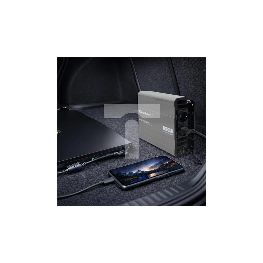 52685 Qoltec Przetwornica napięcia MS Wave 12V na 230V 2500/5000W USB Kompatybilna z LiFePO4 GEL AGM