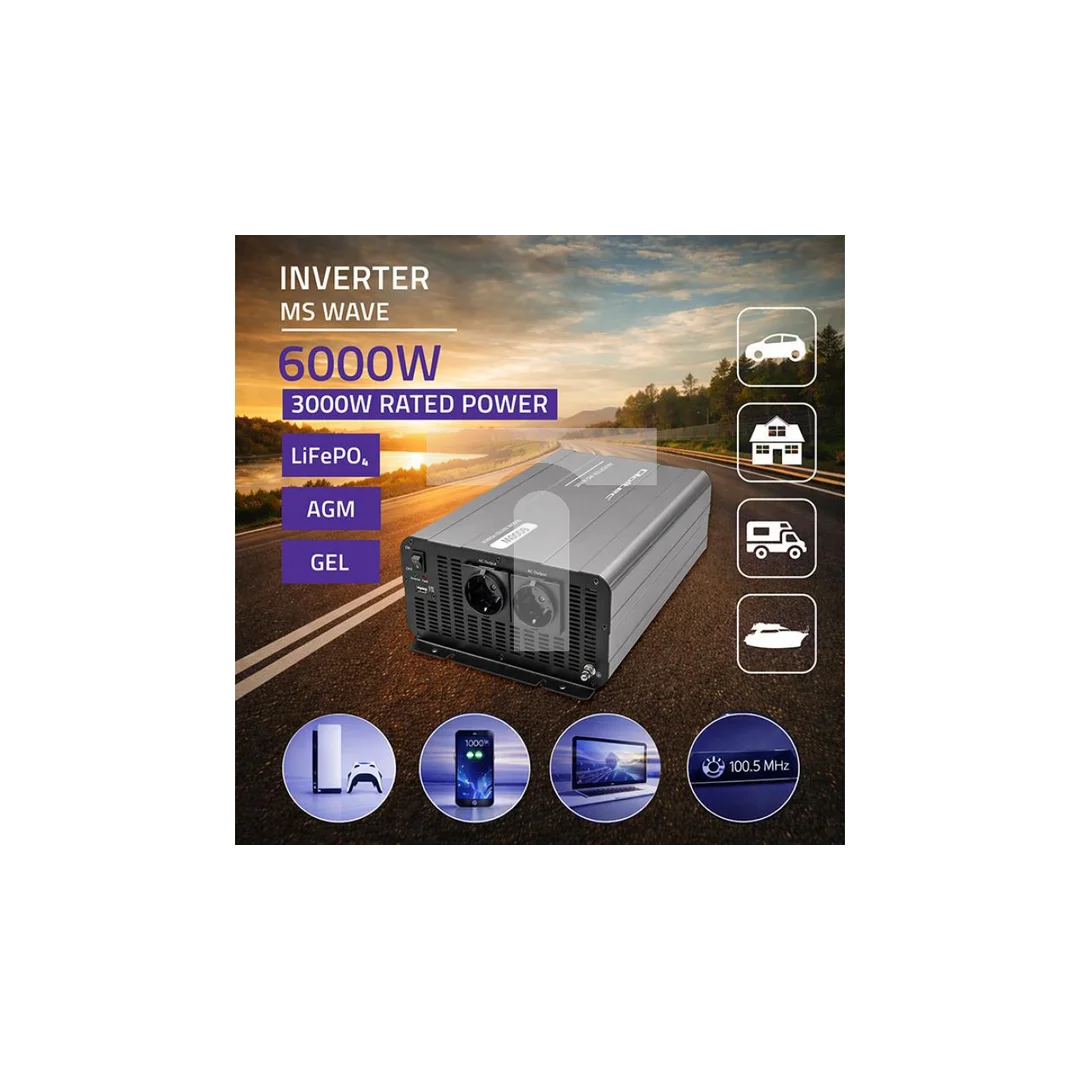 52686 Qoltec Przetwornica napięcia MS Wave 12V na 230V 3000/6000W USB Kompatybilna z LiFePO4 GEL AGM