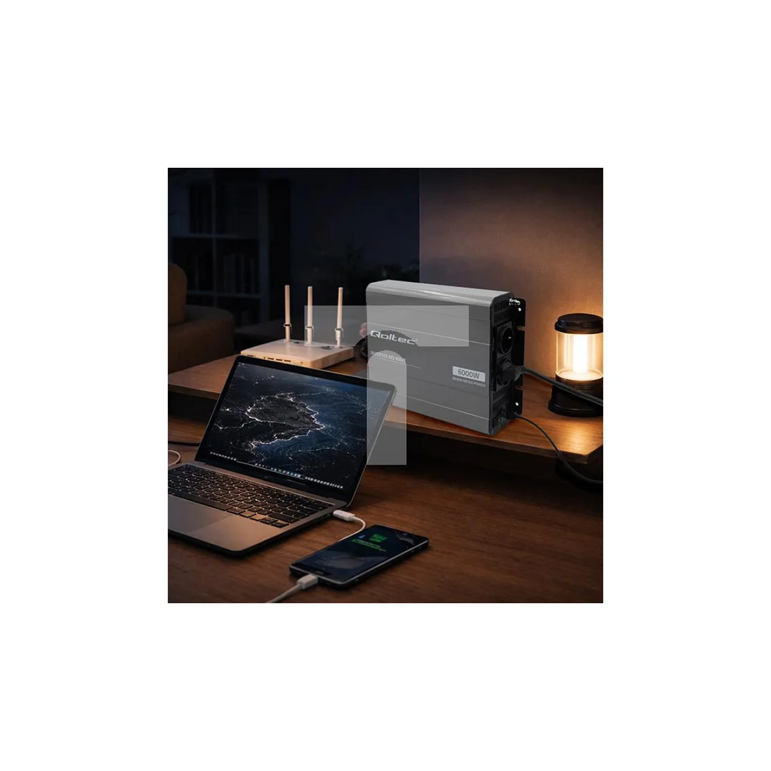 52686 Qoltec Przetwornica napięcia MS Wave 12V na 230V 3000/6000W USB Kompatybilna z LiFePO4 GEL AGM
