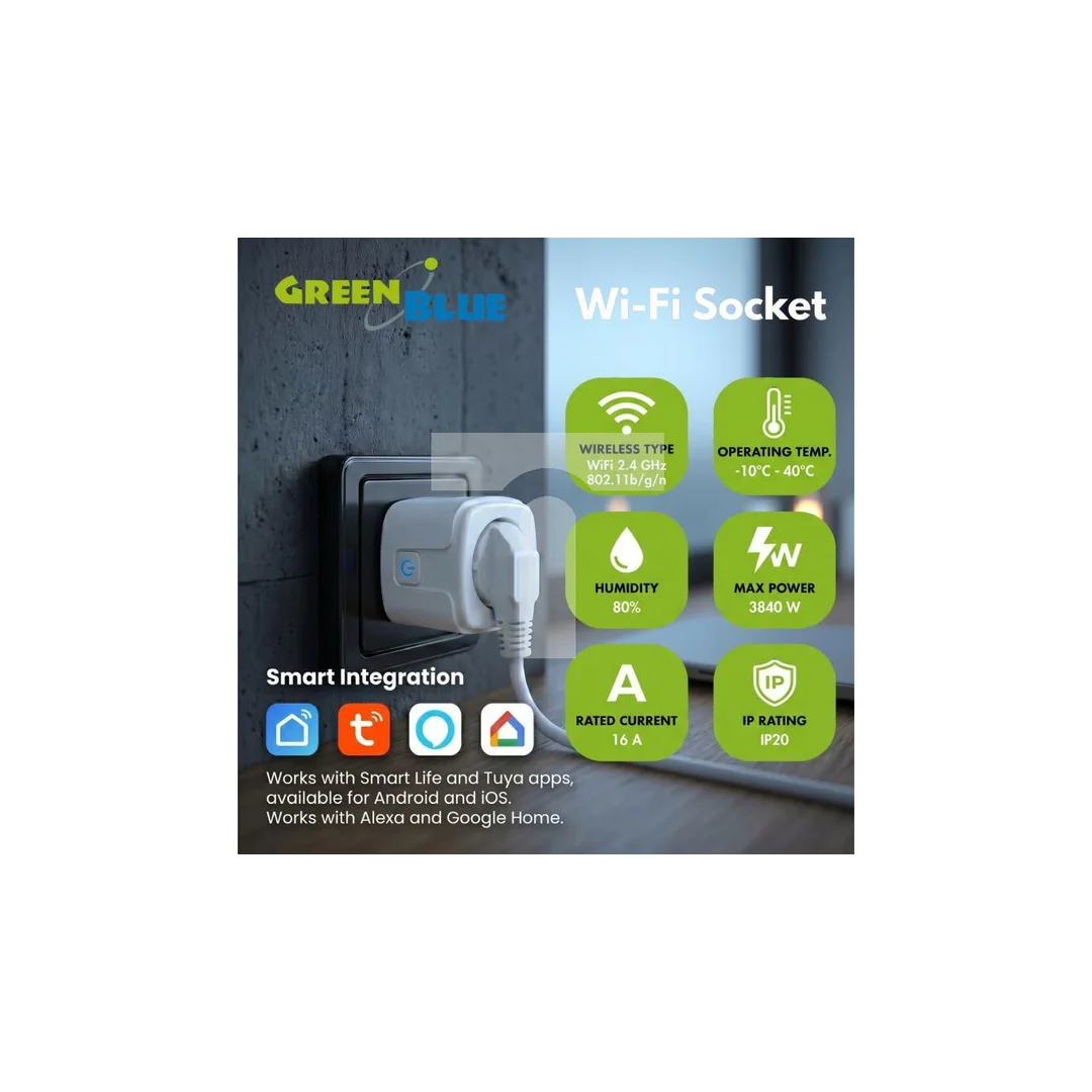 Zdalnie sterowane gniazdko WiFi GreenBlue, Android/iOS/Alexa/Google Home, timer, watomierz, max 16A/3840W, GB735 W