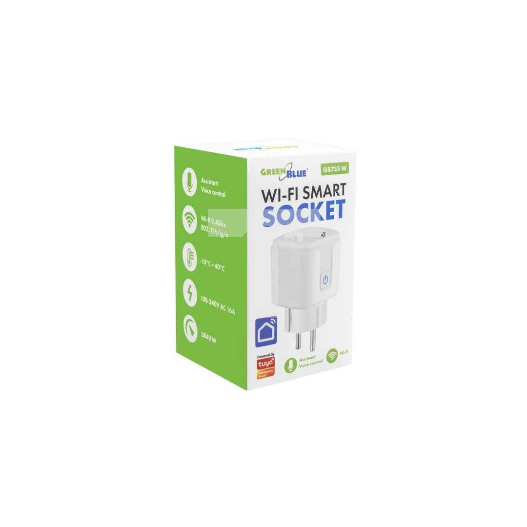 Zdalnie sterowane gniazdko WiFi GreenBlue, Android/iOS/Alexa/Google Home, timer, watomierz, max 16A/3840W, GB735 W