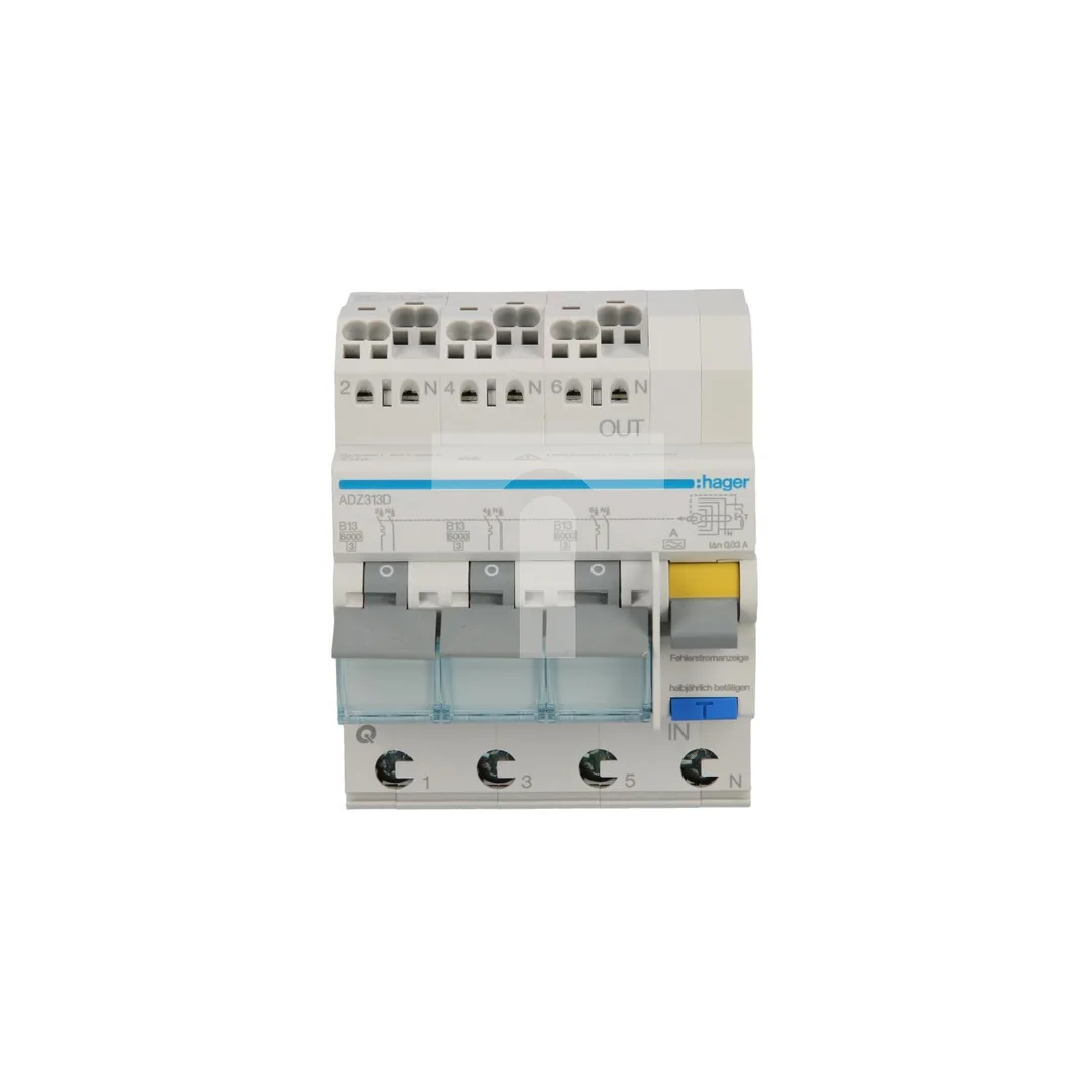 Wyłącznik różnicowo-nadprądowy RCBO 3x1P+N B13A 0,03A Typ A 6kA RCBO ADZ313D
