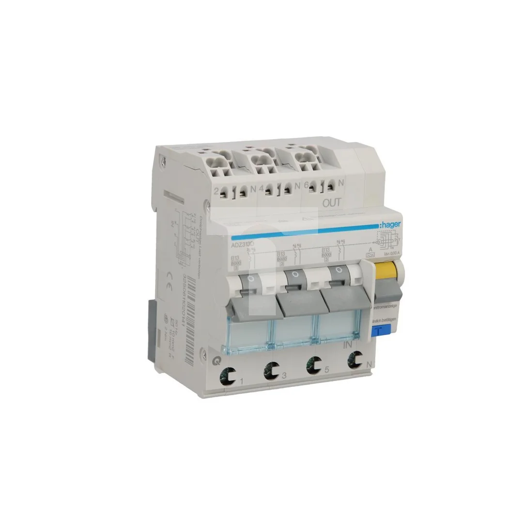 Wyłącznik różnicowo-nadprądowy RCBO 3x1P+N B13A 0,03A Typ A 6kA RCBO ADZ313D