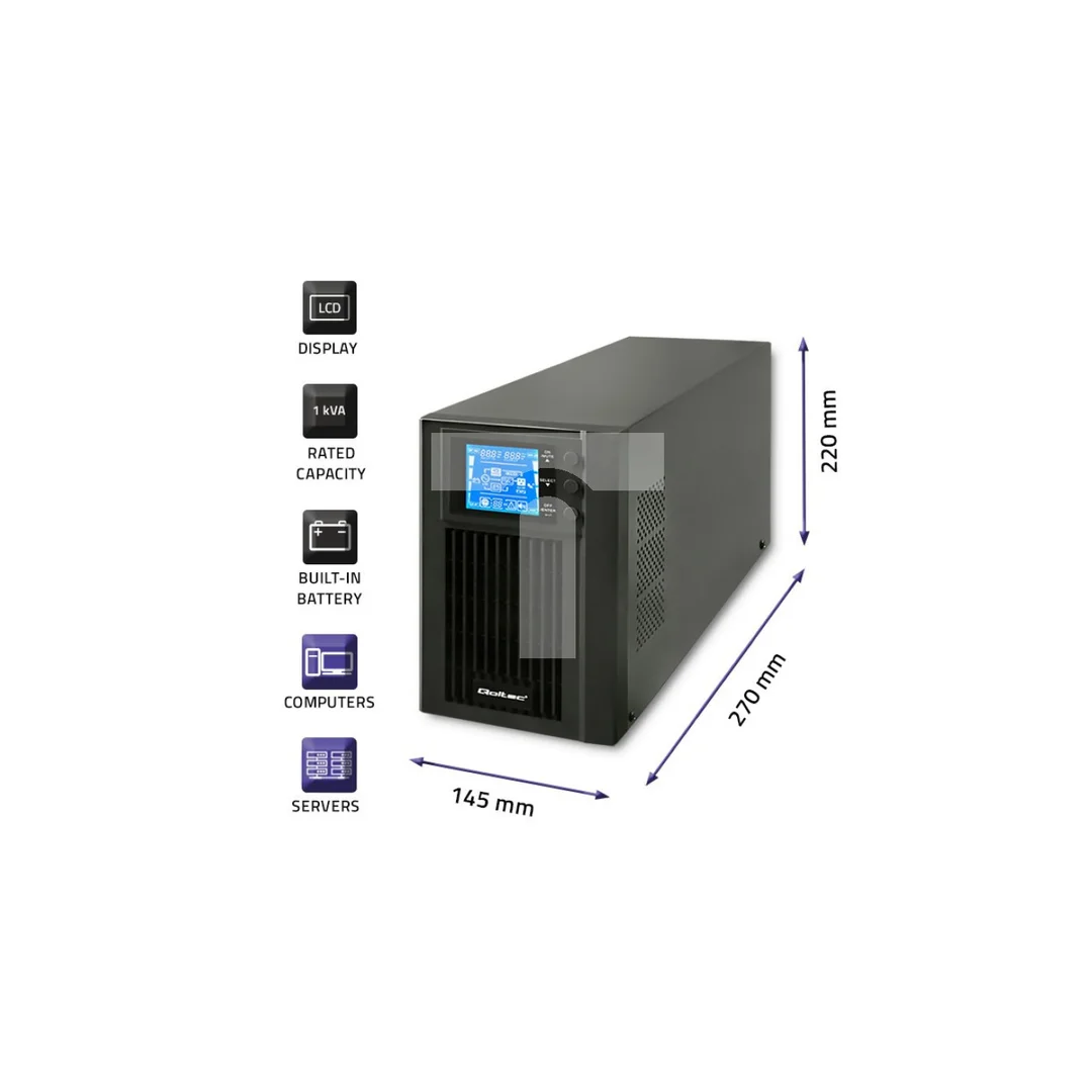 Qoltec Zasilacz awaryjny UPS On-line Pure Sine Wave 1kVA 800W LCD USB