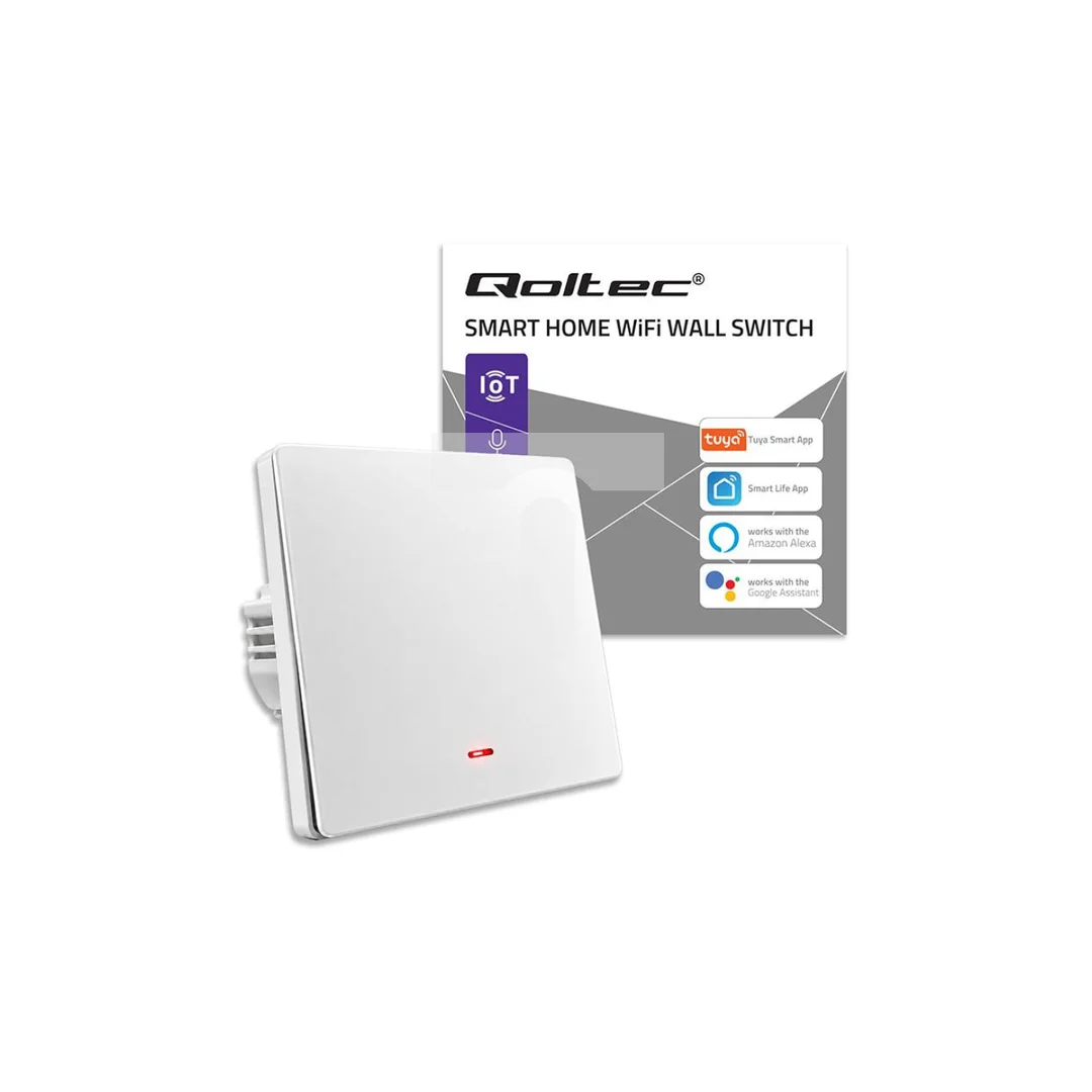 52719 Qoltec Inteligentny 1-kanałowy przełącznik ścienny Wi-Fi z funkcją sterowania głosem Tuya Smart life Biały