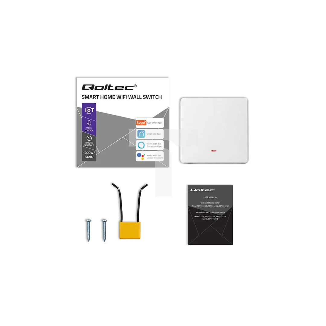52719 Qoltec Inteligentny 1-kanałowy przełącznik ścienny Wi-Fi z funkcją sterowania głosem Tuya Smart life Biały