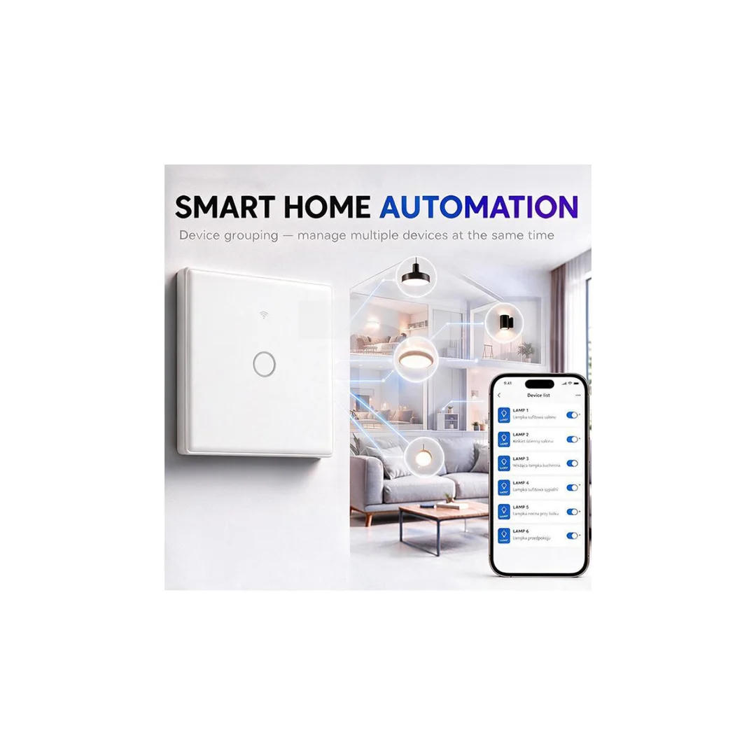 52715 Qoltec Inteligentny dotykowy 1-kanałowy przełącznik ścienny Wi-Fi z funkcją sterowania głosem Tuya Smart life Biały