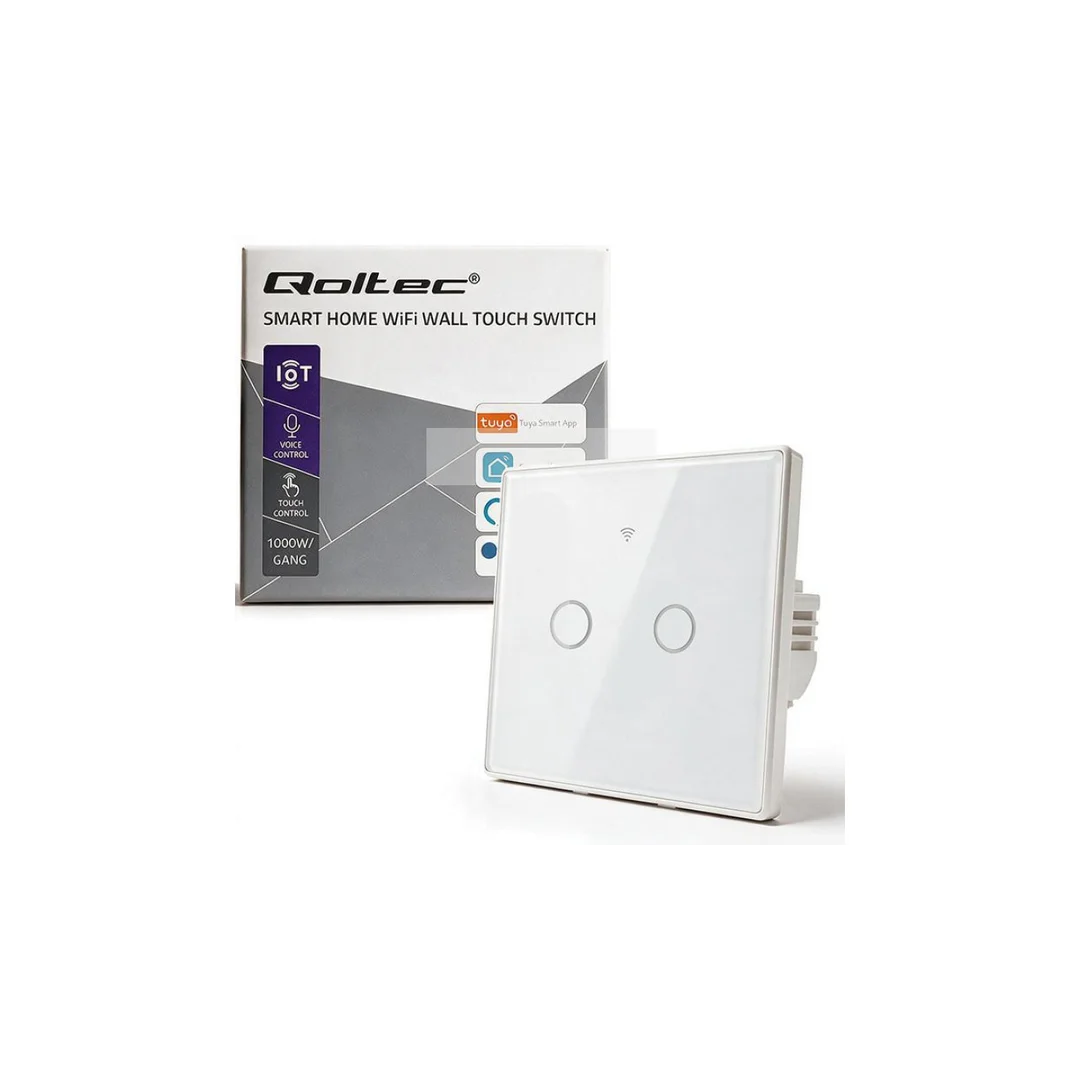 52716 Qoltec Inteligentny dotykowy 2-kanałowy włącznik wyłącznik światła Wi-Fi Timer Tuya Smart life Biały