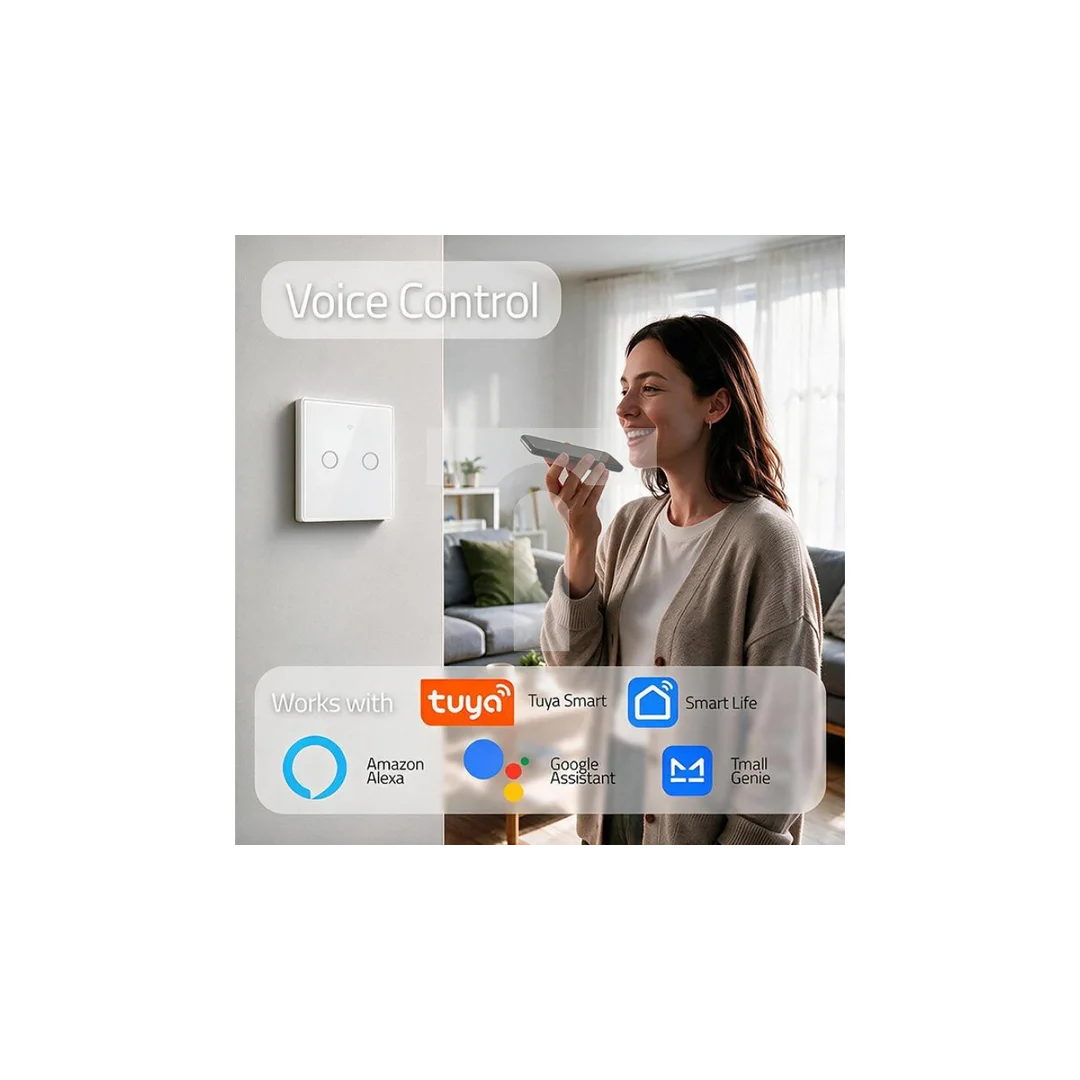 52716 Qoltec Inteligentny dotykowy 2-kanałowy włącznik wyłącznik światła Wi-Fi Timer Tuya Smart life Biały