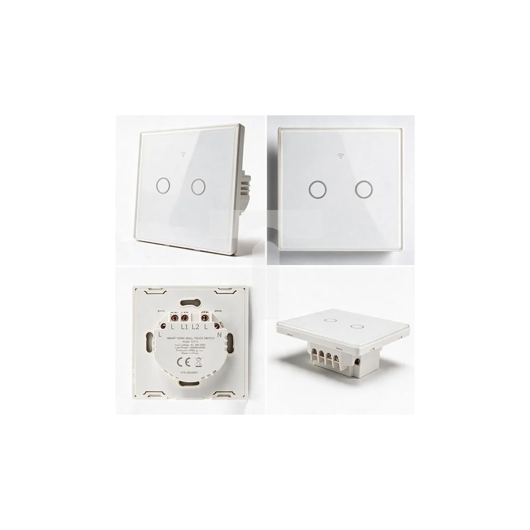 52716 Qoltec Inteligentny dotykowy 2-kanałowy włącznik wyłącznik światła Wi-Fi Timer Tuya Smart life Biały