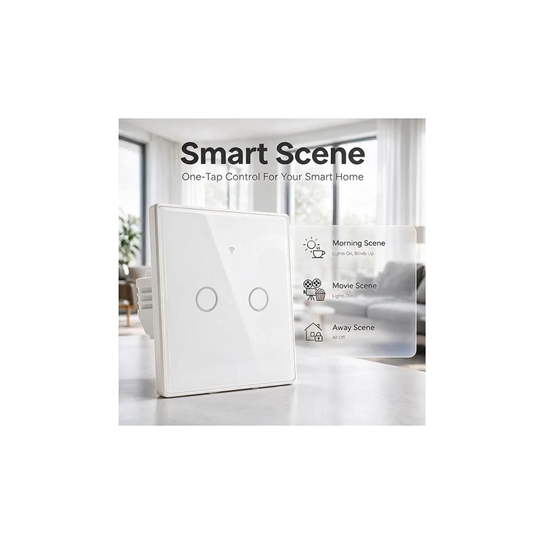 52716 Qoltec Inteligentny dotykowy 2-kanałowy włącznik wyłącznik światła Wi-Fi Timer Tuya Smart life Biały
