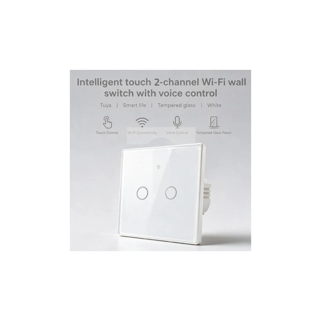 52716 Qoltec Inteligentny dotykowy 2-kanałowy włącznik wyłącznik światła Wi-Fi Timer Tuya Smart life Biały