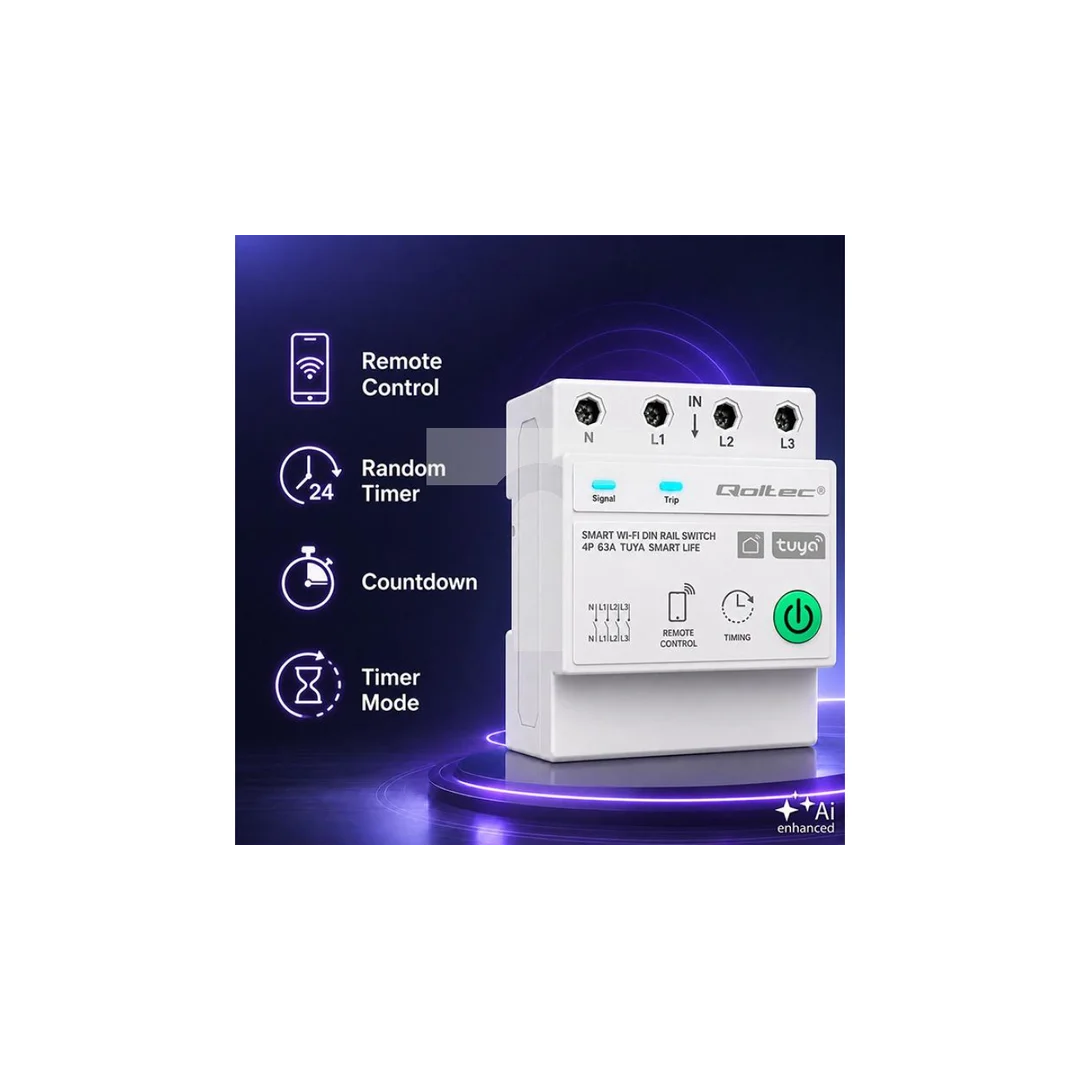 50976 Qoltec Trójfazowy przekaźnik 63A na szynę DIN 3P+N Timer Wi-Fi Tuya Smart Life Amazon Alexa 4P