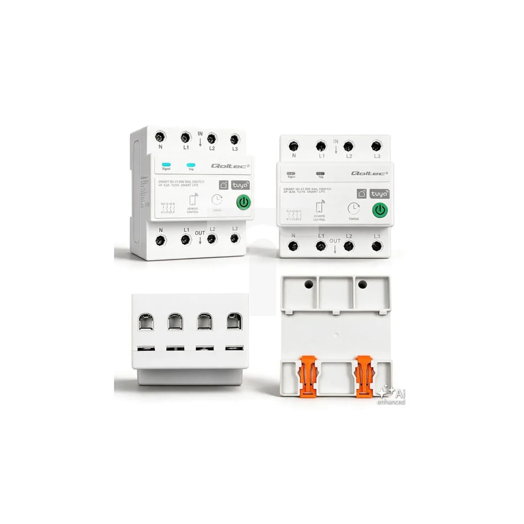 50976 Qoltec Trójfazowy przekaźnik 63A na szynę DIN 3P+N Timer Wi-Fi Tuya Smart Life Amazon Alexa 4P