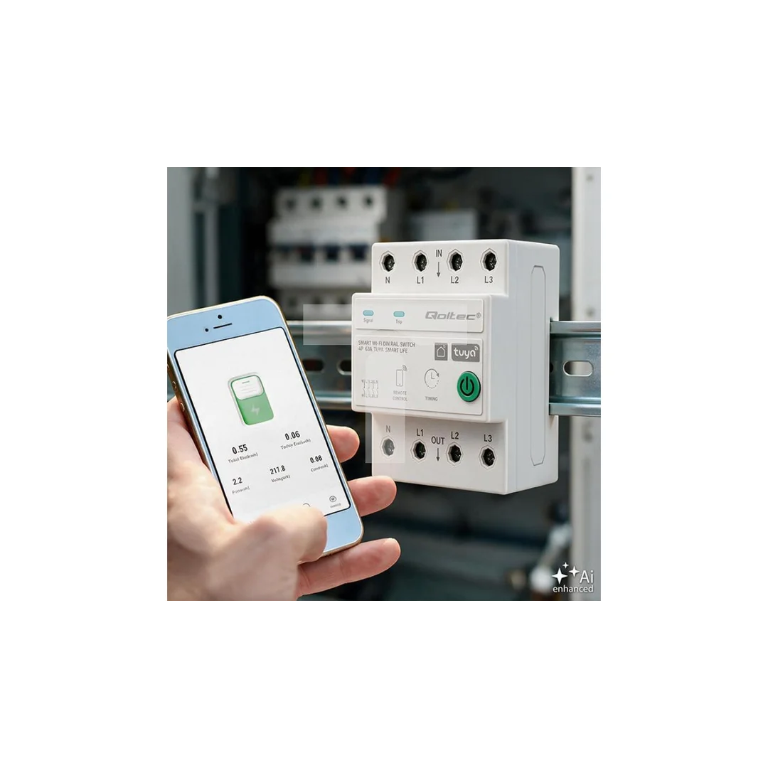50976 Qoltec Trójfazowy przekaźnik 63A na szynę DIN 3P+N Timer Wi-Fi Tuya Smart Life Amazon Alexa 4P