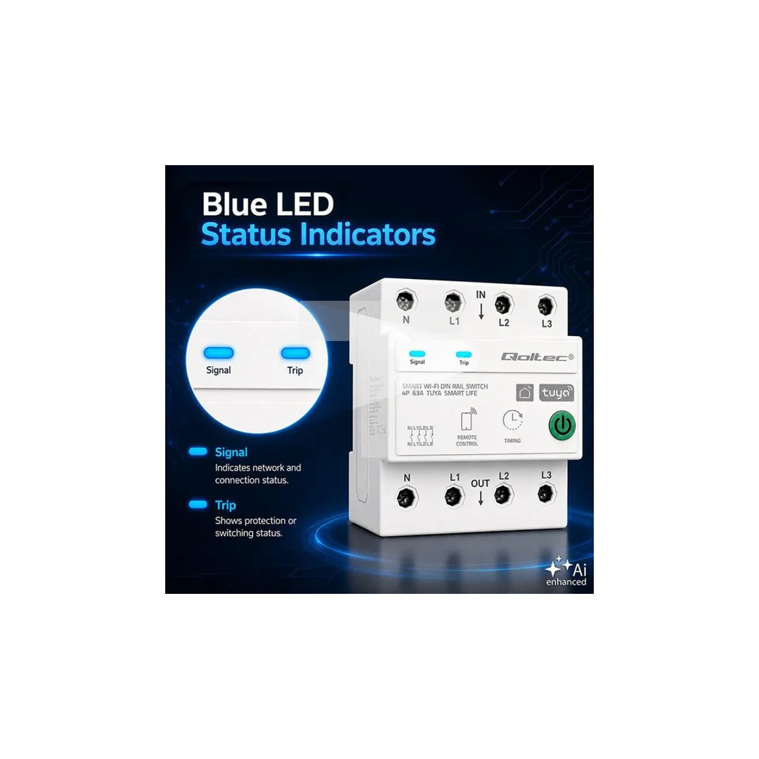 50976 Qoltec Trójfazowy przekaźnik 63A na szynę DIN 3P+N Timer Wi-Fi Tuya Smart Life Amazon Alexa 4P