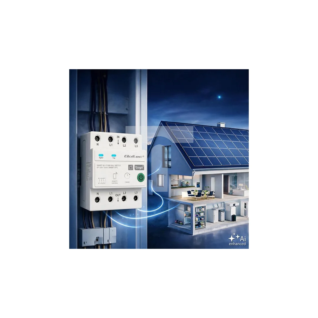 50976 Qoltec Trójfazowy przekaźnik 63A na szynę DIN 3P+N Timer Wi-Fi Tuya Smart Life Amazon Alexa 4P