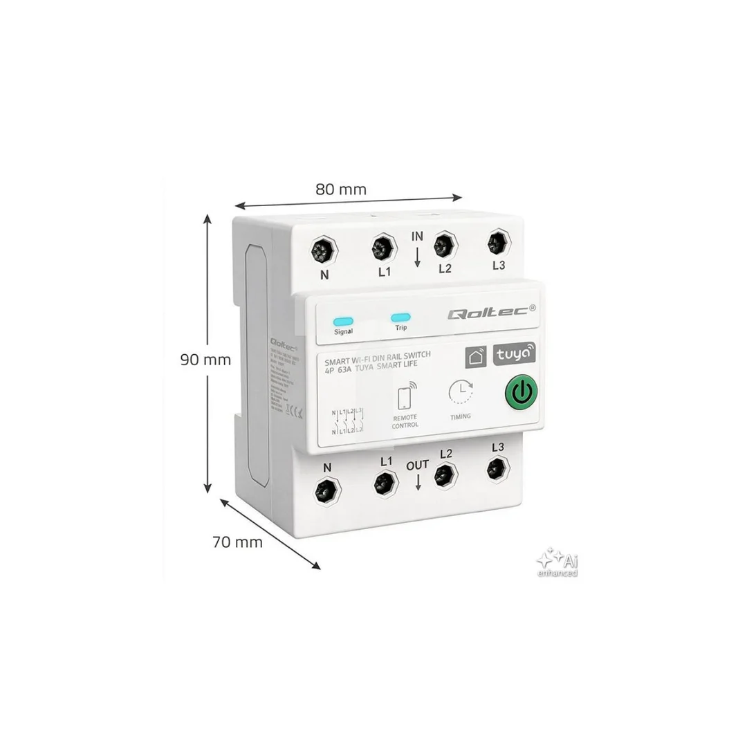 50976 Qoltec Trójfazowy przekaźnik 63A na szynę DIN 3P+N Timer Wi-Fi Tuya Smart Life Amazon Alexa 4P