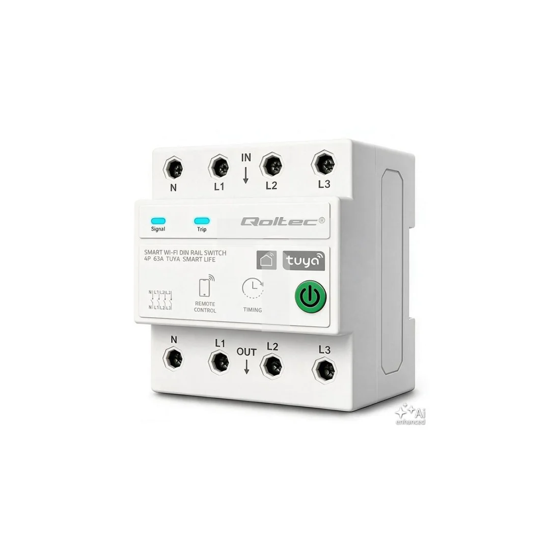 50976 Qoltec Trójfazowy przekaźnik 63A na szynę DIN 3P+N Timer Wi-Fi Tuya Smart Life Amazon Alexa 4P