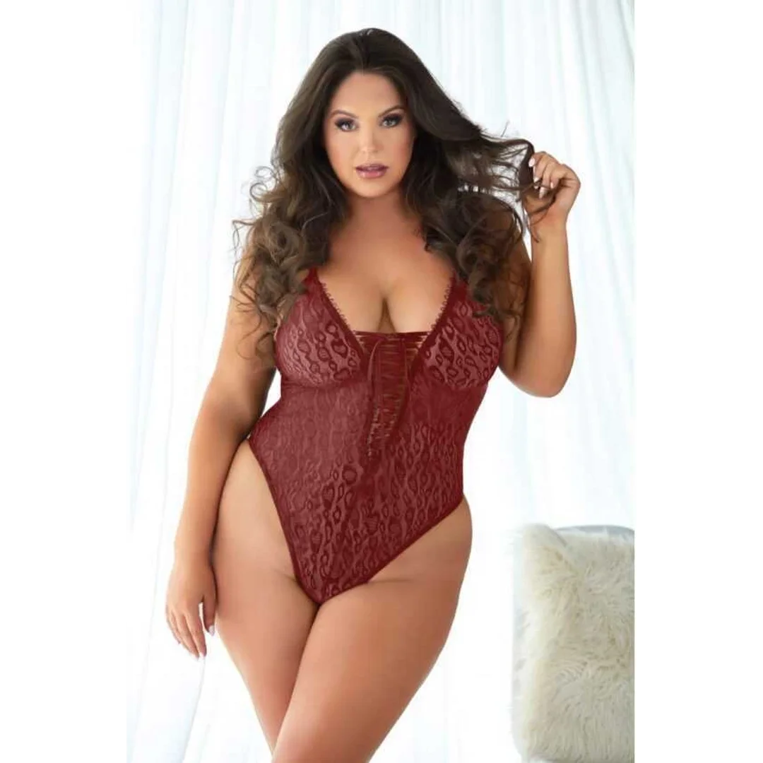 Allure Body burgundowe z koronką i wzorem panterki 2X/3X