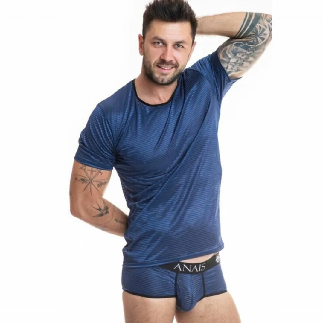ANAIS MEN T-shirt morski L z czarnego tiulu, paski satynowe