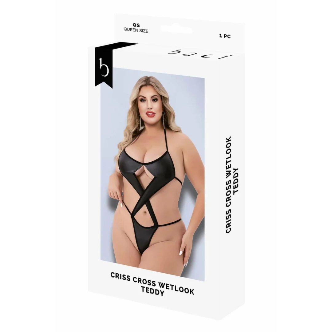 Baci CRISS CROSS WETLOOK TEDDY BLACK, QS - body z połyskiem, czarne, rozmiar QS