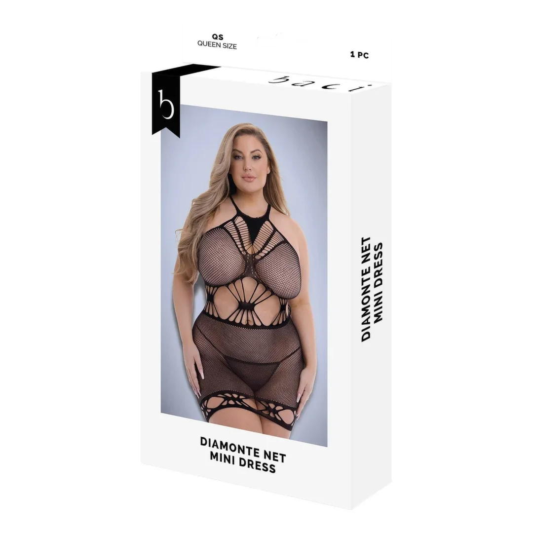 Baci Diamonte Net Mini Dress Black QS - Sukienka siateczkowa z wycięciami