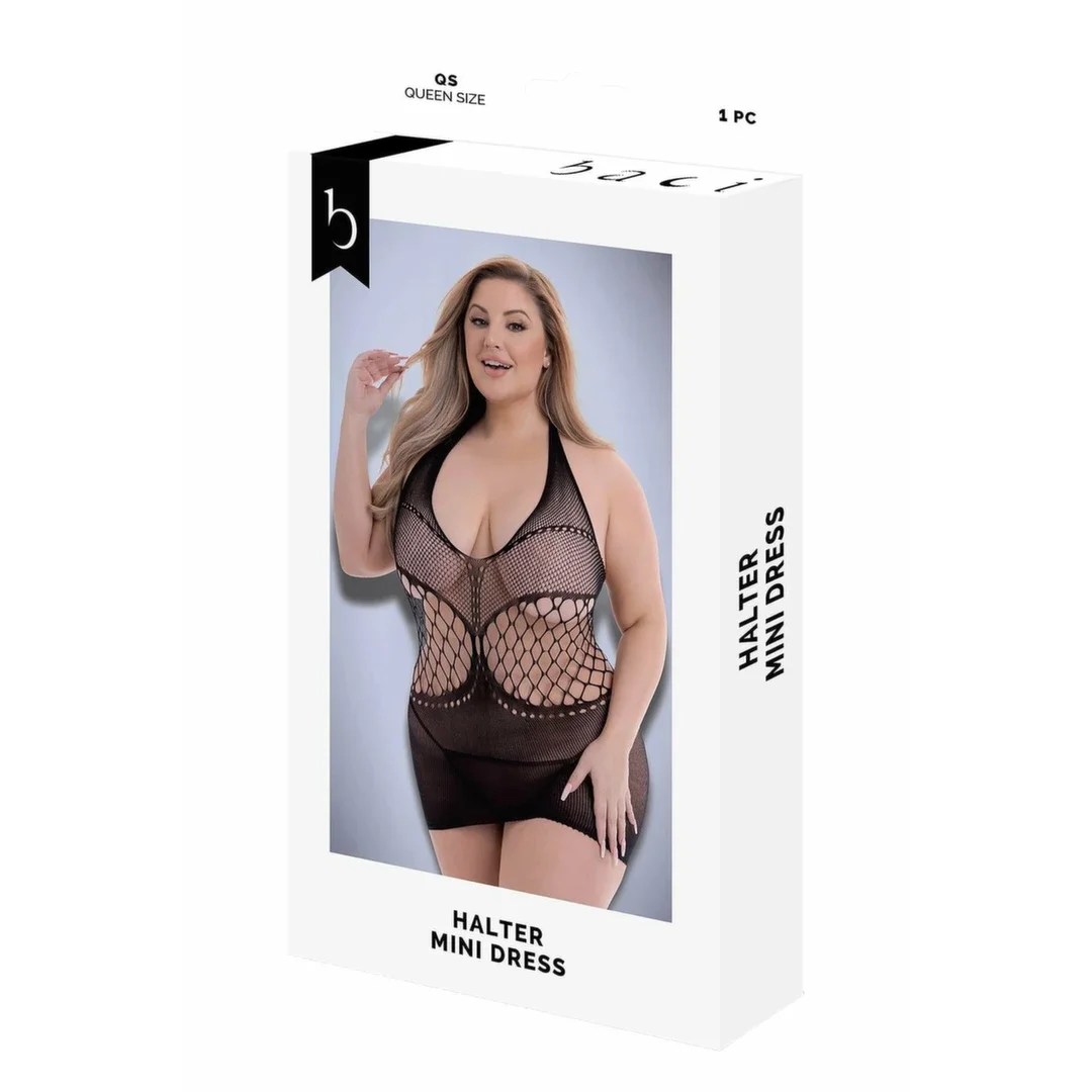 BACI Halter Mini Dress Black QS - sukienka mini z siateczki, czarna