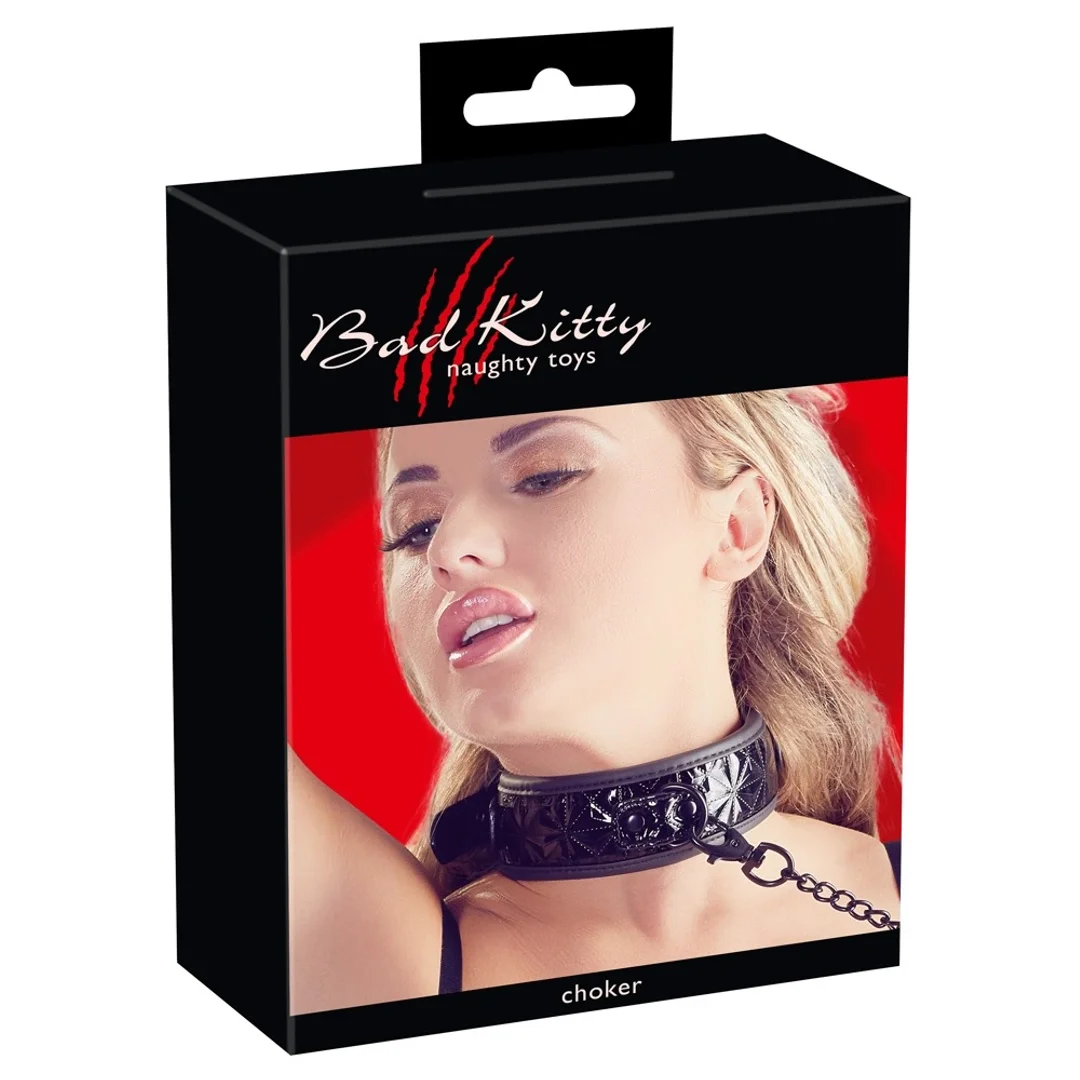 Bad Kitty - Czarna obroża z wyściełaniem i smyczą łańcuszkową 88 cm