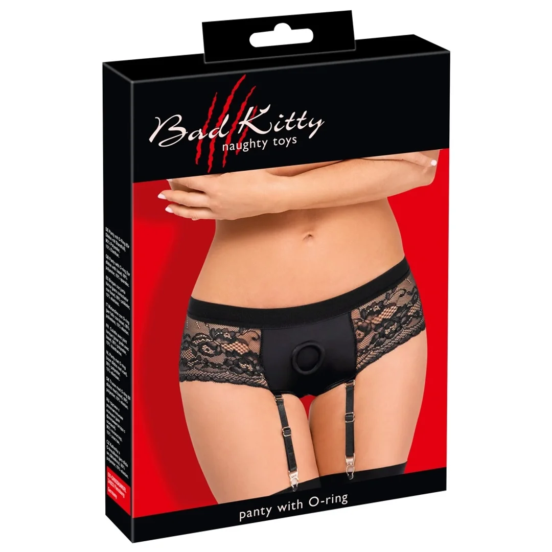 Bad Kitty Strap-On S z koronką i paskami do pończoch, czarny