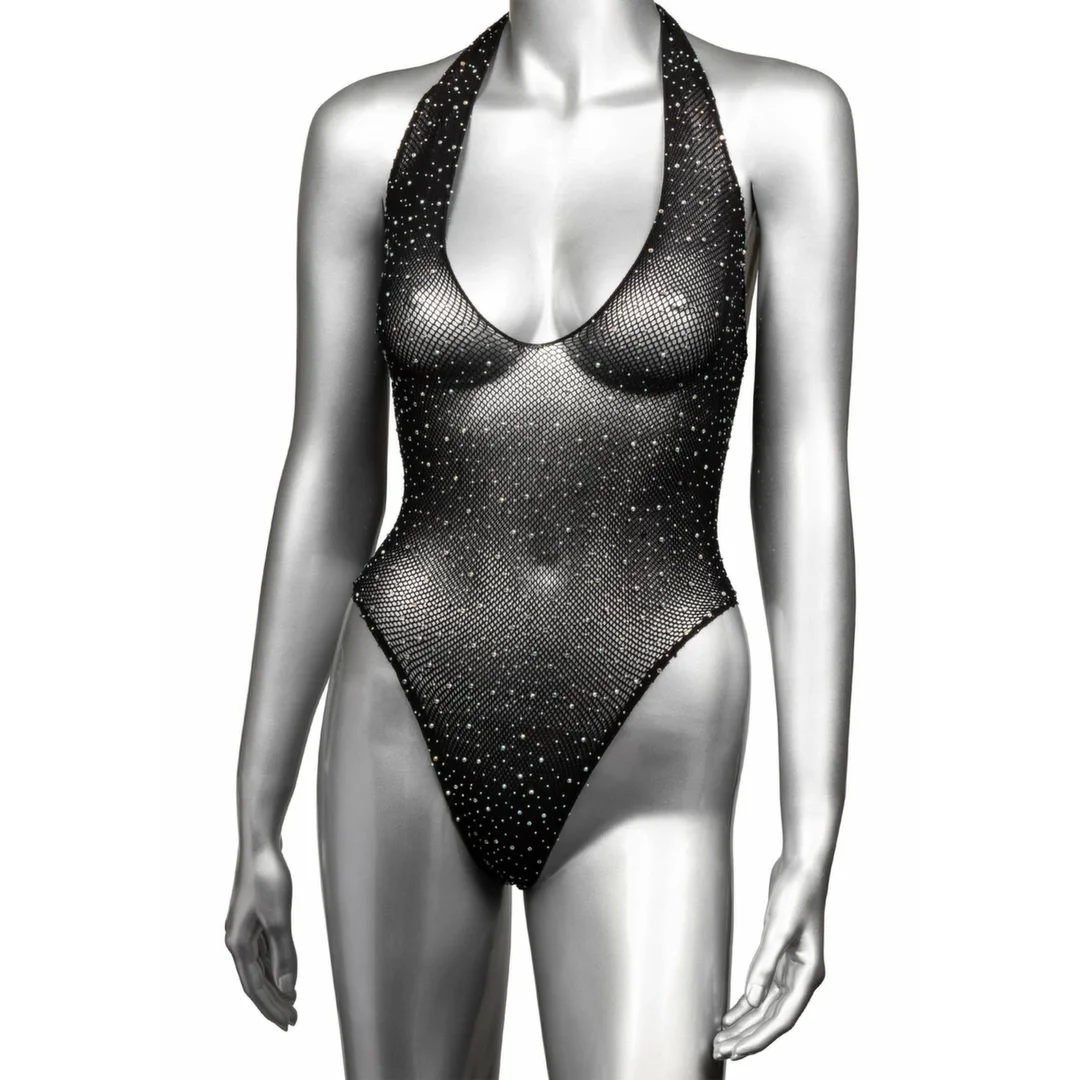CalExotics Radiance Deep V Bodysuit - siateczkowy kostium z kryształkami, uniwersalny