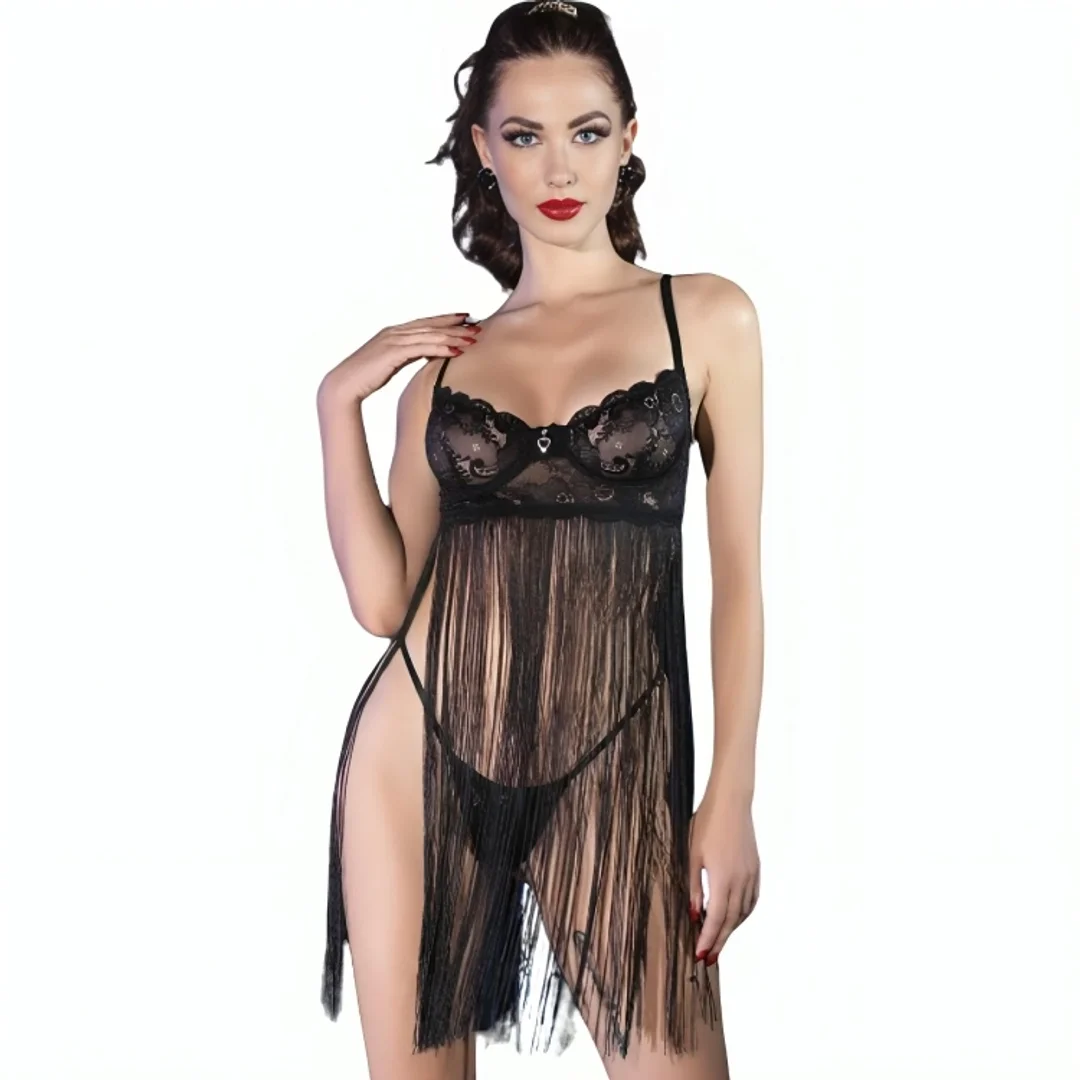 Chilirose CR 4496 Babydoll czarny L/XL z fiszbinami i koronką
