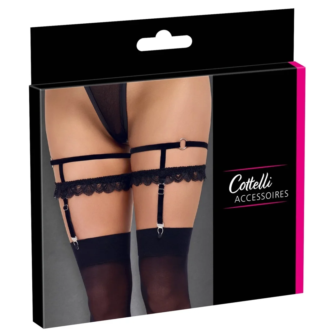 Cottelli ACCESSOIRES Podwojne podwiązki aksamitne z koronką czarne S/M