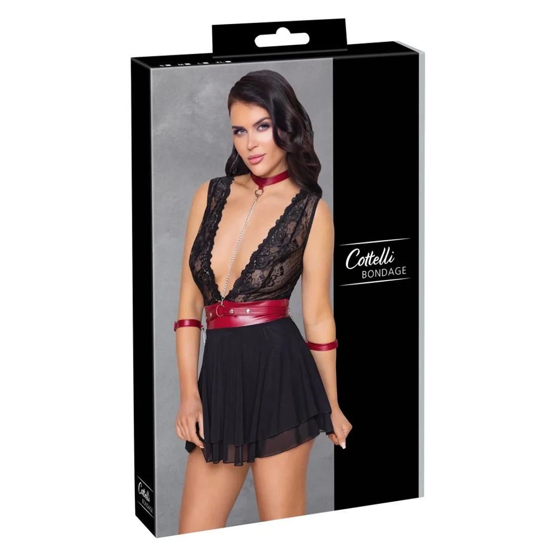 Cottelli Bondage Babydoll L czarna z czerwoną obrożą i mankietami