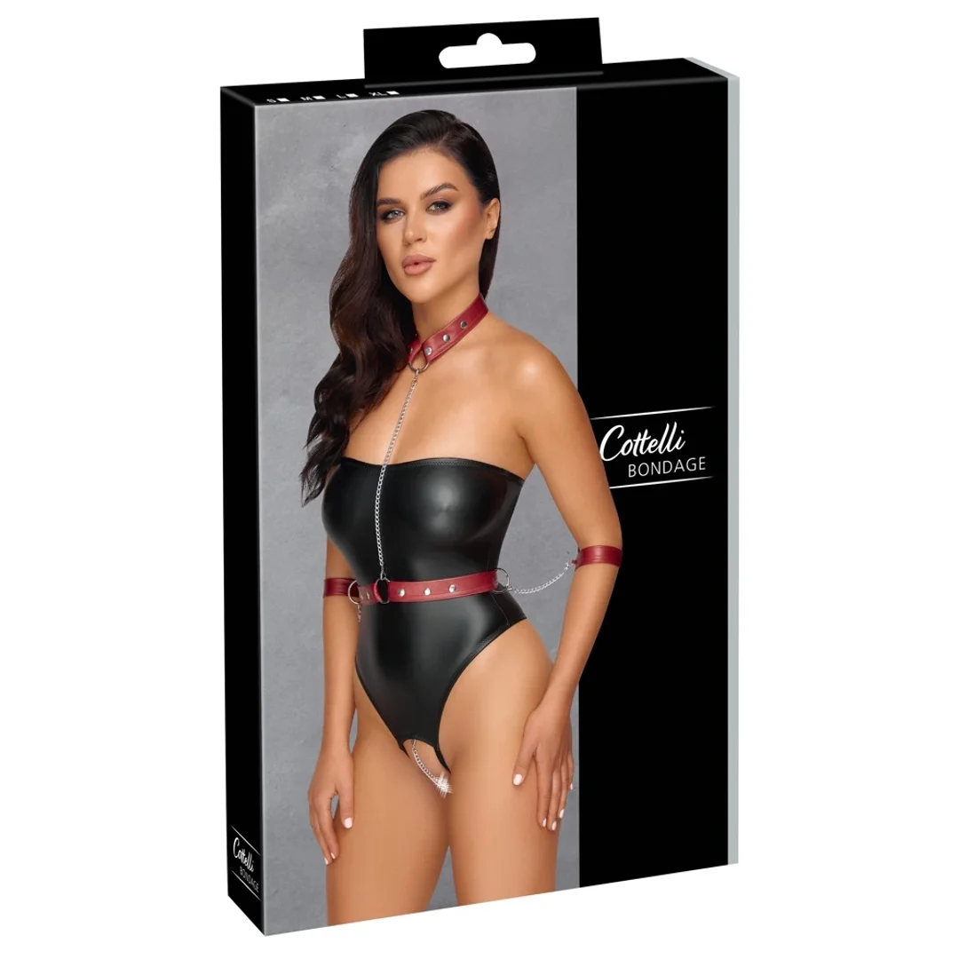 Cottelli Bondage Body czarne z czerwoną uprzężą i mankietami L