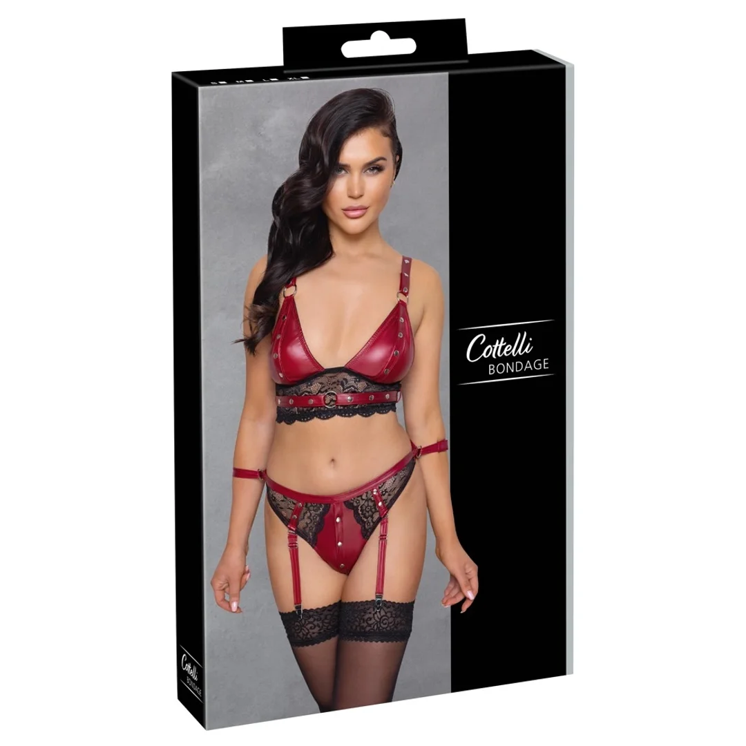 Cottelli Bondage komplet czerwony z koronką i paskami na kostki S