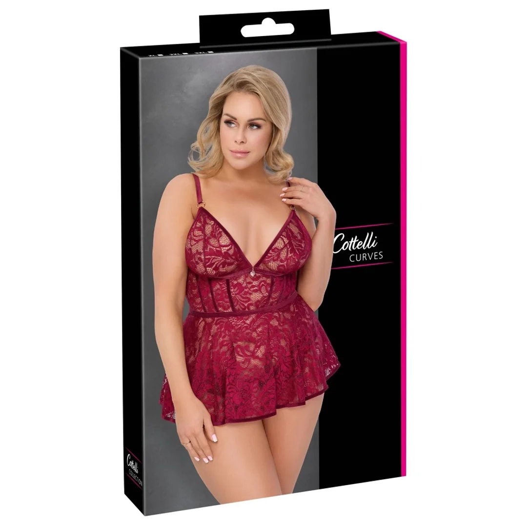 Cottelli Curves Babydoll z koronką i majtkami z wycięciem czerwone 2XL