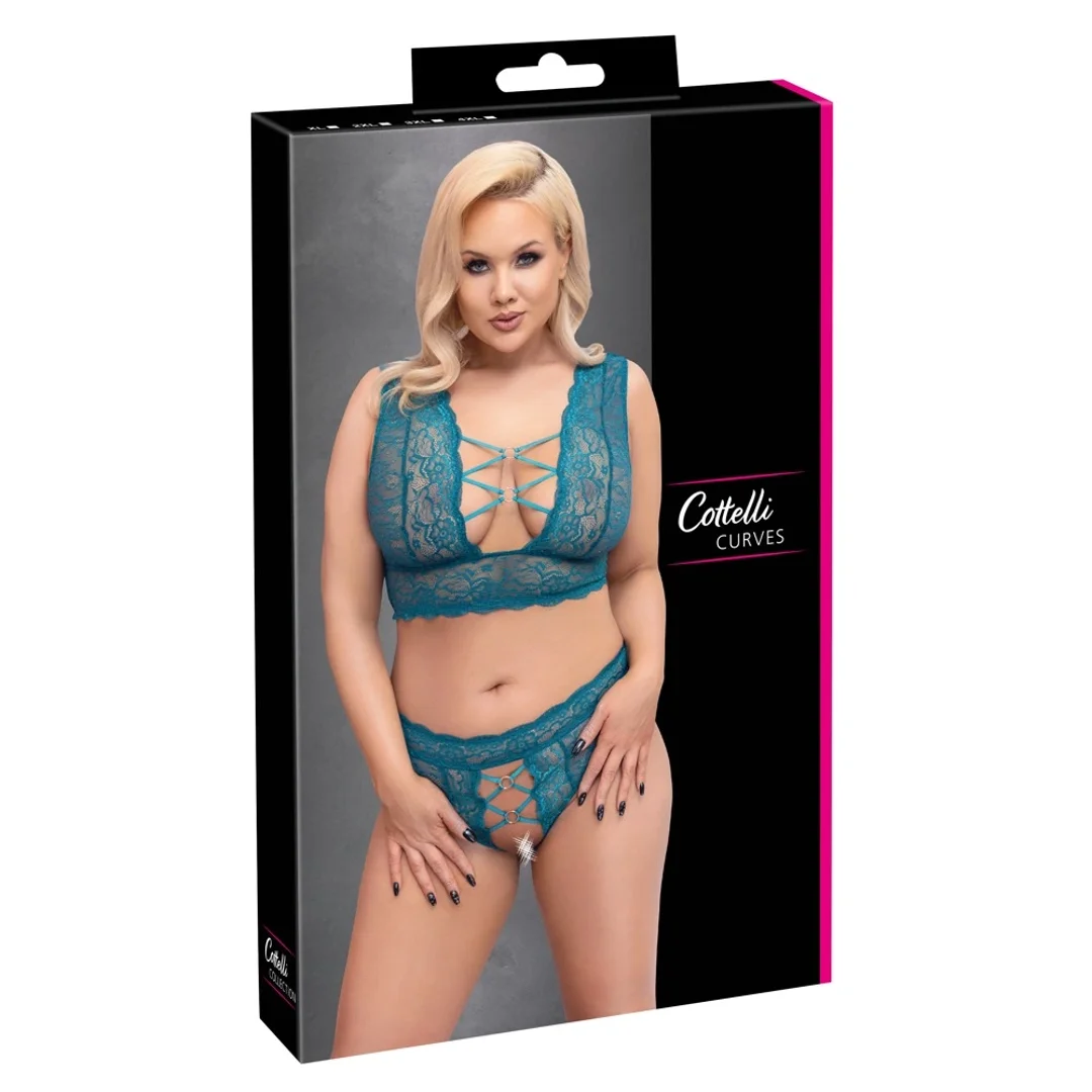 Cottelli Curves komplet braletka i stringi wycięte XL niebieskie koronka
