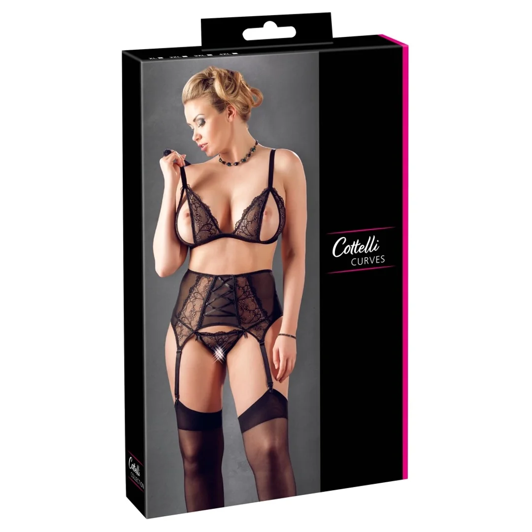 Cottelli Curves komplet koronkowy 3-częściowy czarny 4XL plus size
