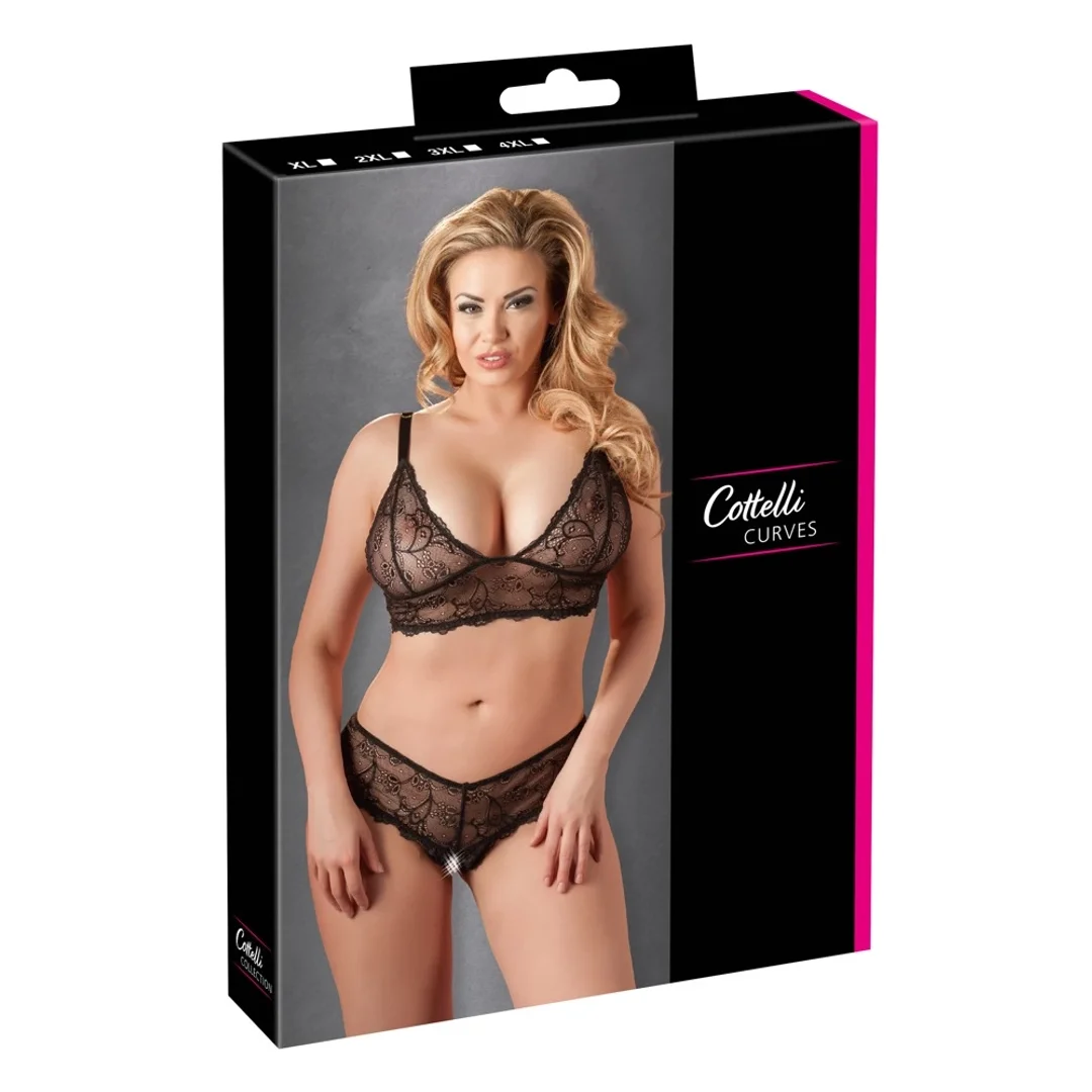 Cottelli Curves komplet koronkowy czarny stanik bez zapięcia + stringi 3XL