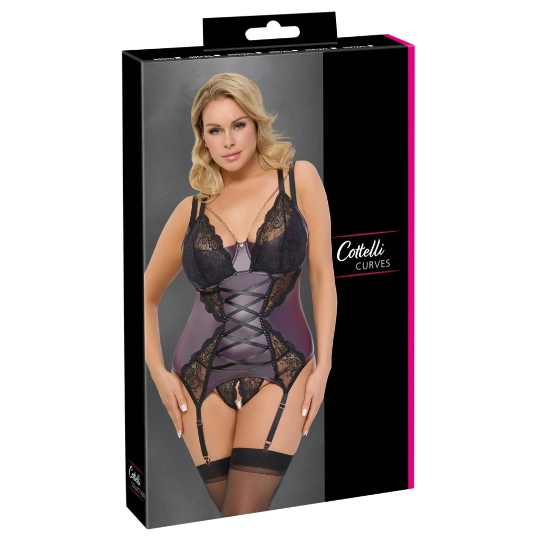 Cottelli Curves komplet matowy z koronką 2XL fioletowy bez krocza