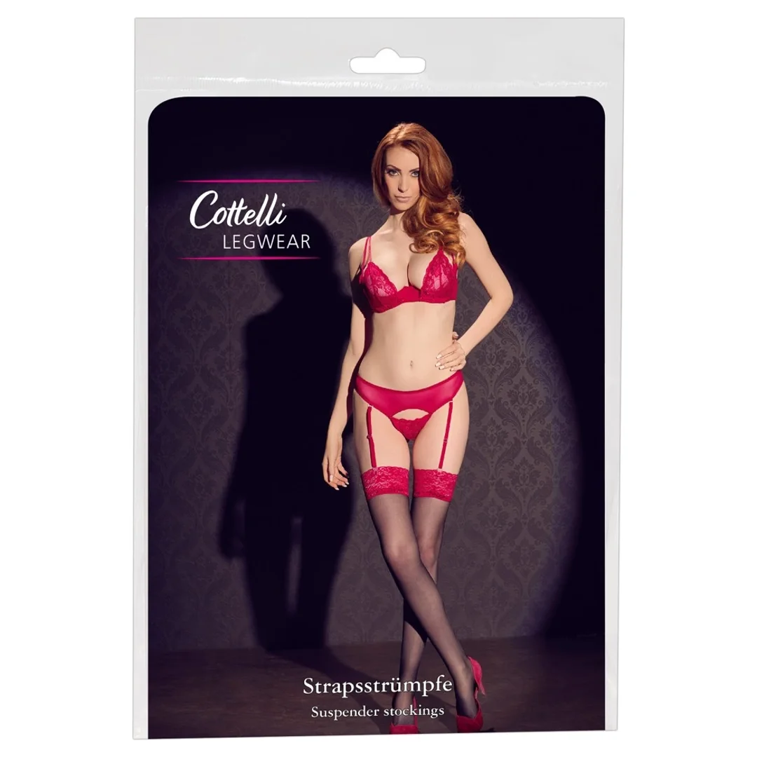 Cottelli Legwear Pończochy czarne z czerwoną koronką 20 den Oeko-Tex