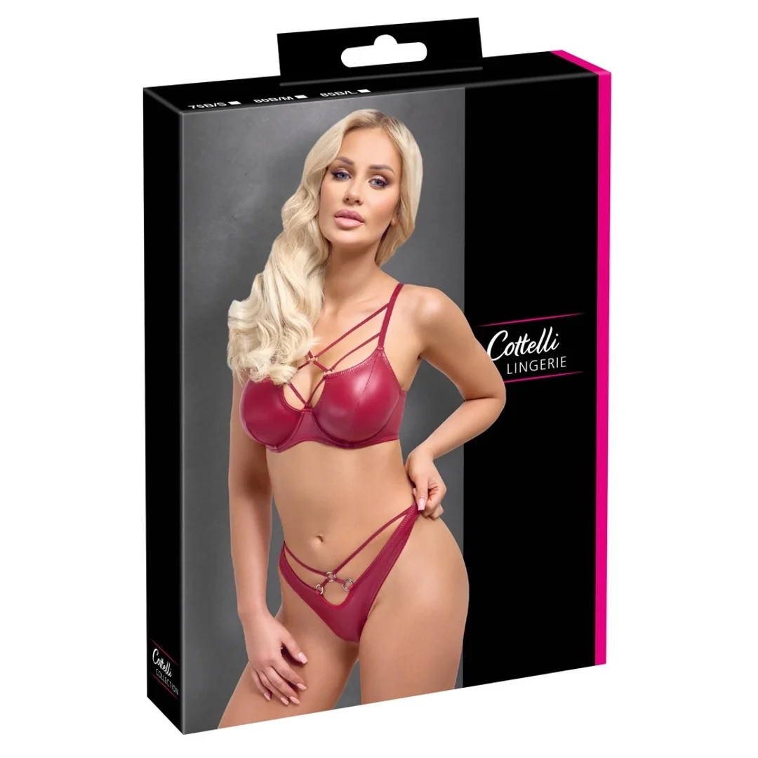 Cottelli Lingerie 80B/M - Komplet Bielizny Wet Look, Czerwony, Fiszbin, Paseczki