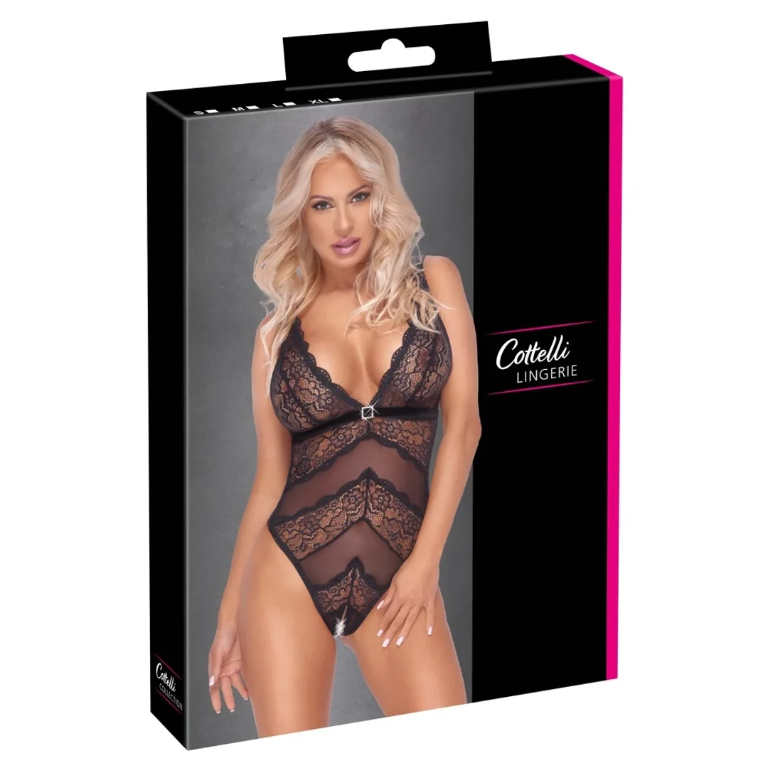 Cottelli Lingerie Body Czarny XL Bez Krocza z Kwiatową Koronką