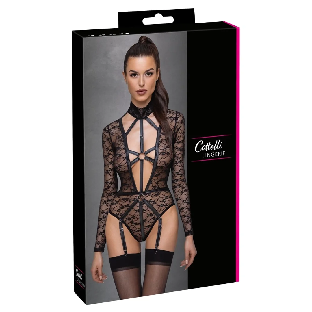Cottelli LINGERIE Body Koronkowe Czarny XL Długi Rękaw Uprząż